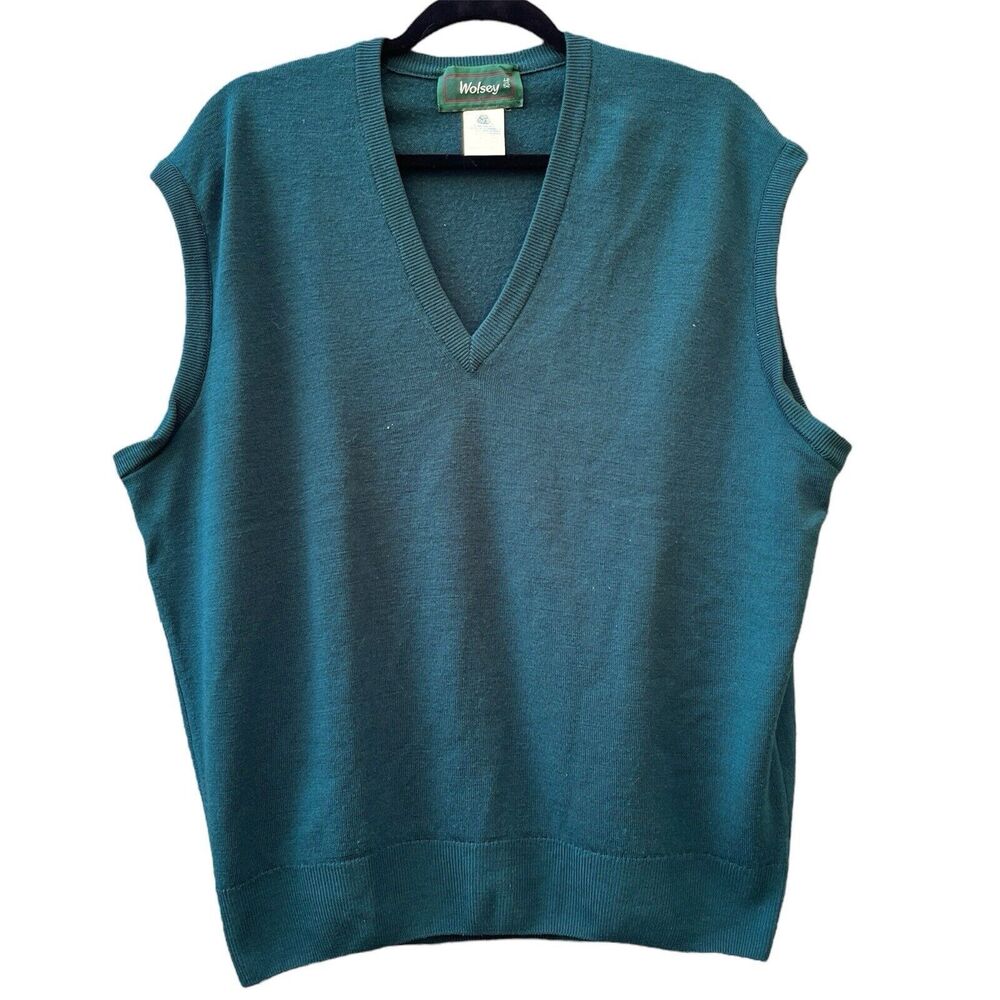 Wolsey 100% Wool Vintage V-Neck Sweater Vest Green Holiday Men's Size 42/52 XL